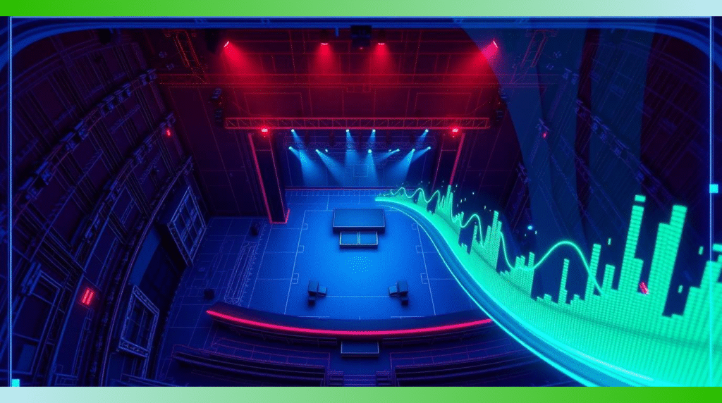 Glowing data streams and audio waveforms overlaid on a stylized blueprint of a concert venue, illustrating modern audio protocol routing.