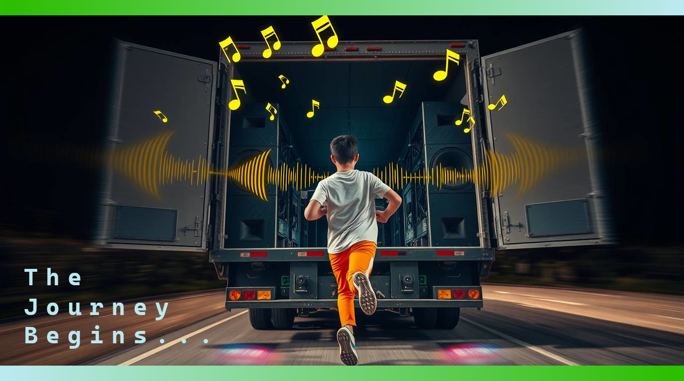 3. Illustration of a kid inspired by learning audio, following a speaker-laden truck with glowing audio data streaming into the air.