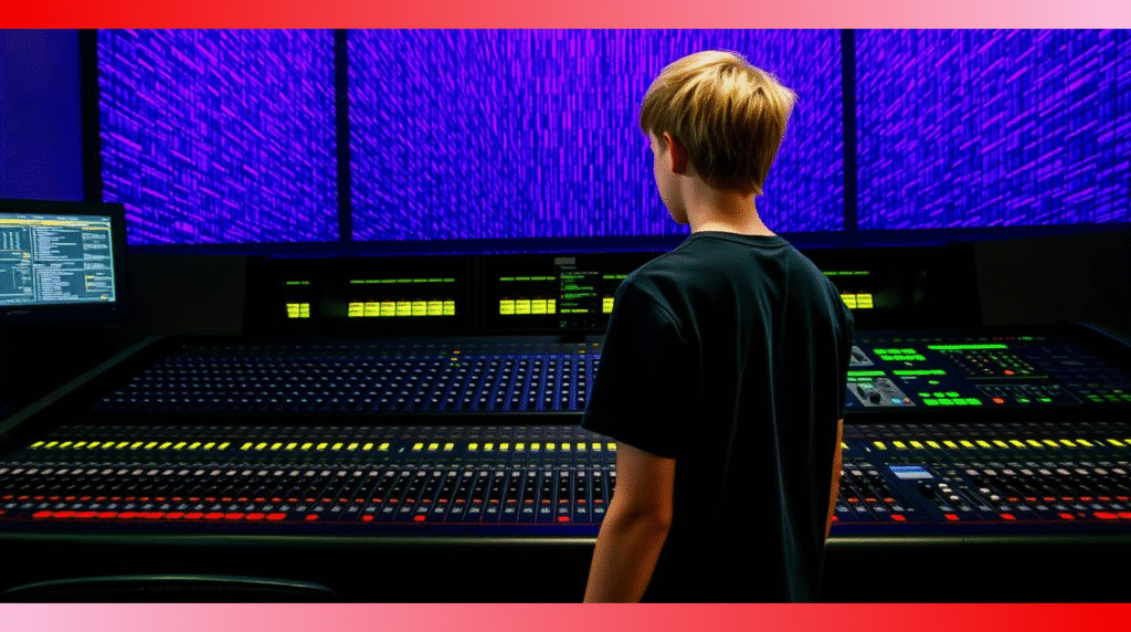 Confused teen staring at endless knobs and sliders on a darkened mixing desk in moody light. Not your basic audio gear at all.